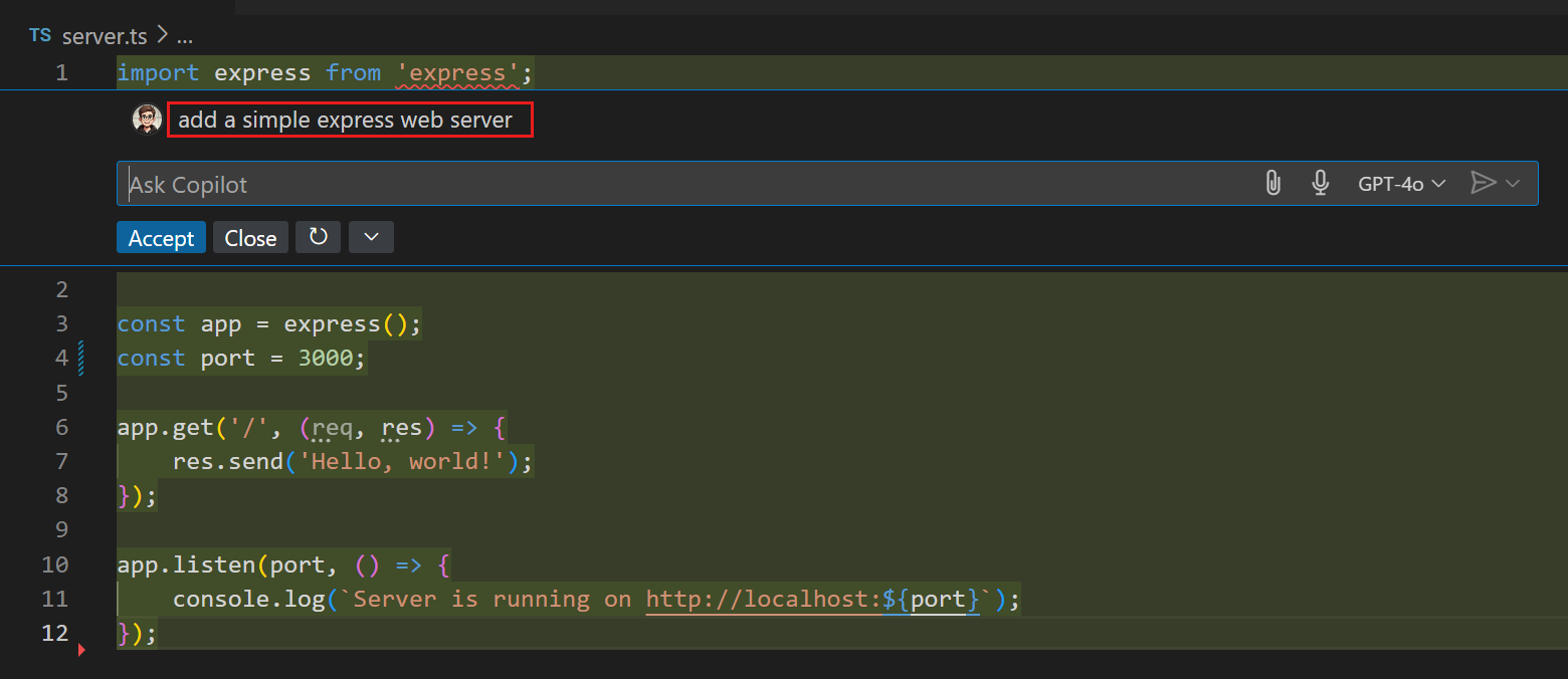 Screenshot of VS Code editor, showing the inline chat response for adding an Express web server.